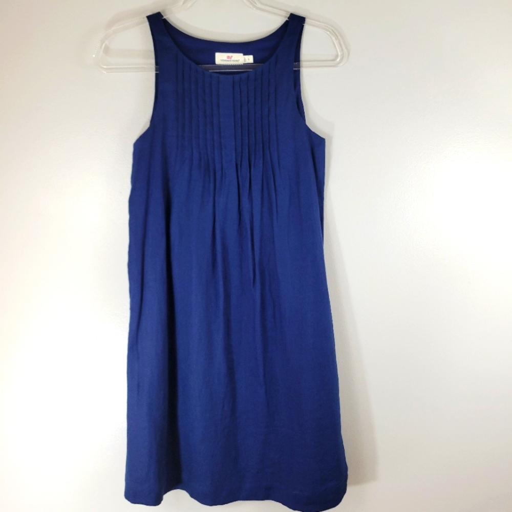 VINEYARD VINES navy linen breathable pintuck sleeveless tank swing dress